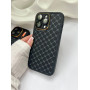 Чорний брендовий чохол на iPhone 15 Pro Max із захистом камери та золотою оправою